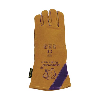 Show details for Gold Leather Welders Gauntlet with Purple Palm