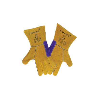 Show details for Gold Ambidextrous Leather Welders Gauntlet with Purple Palm